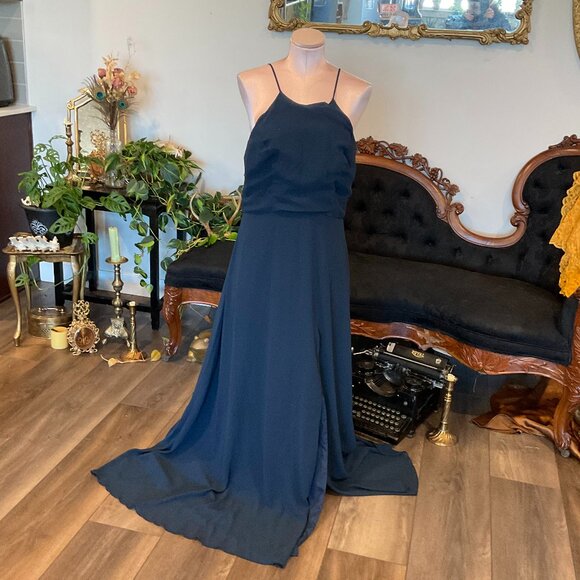 Jenny yoo Spaghetti Straps Chiffon Formal Dress Halter Neck Size 14 Blue - Picture 1 of 3